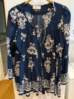 Altar'd State Navy and Cream Printed Peasant Blouse
